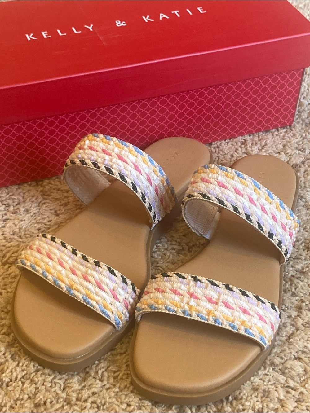 Kelly & Katie Tan Slide Sandals Multicolor Braided Straps Women's Comfort